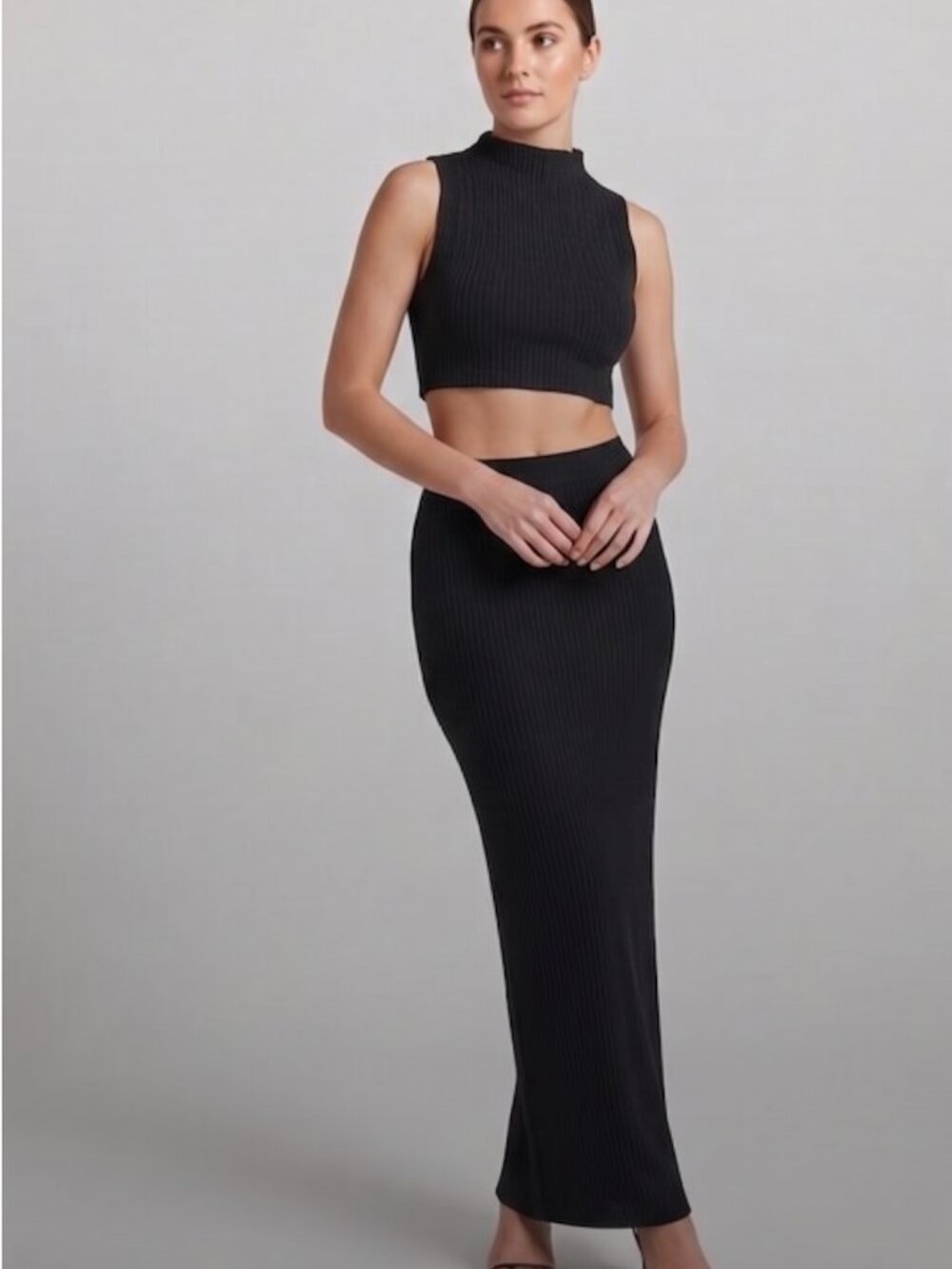 Black Textured High Neck Crop Tank Top & Pencil Skirt